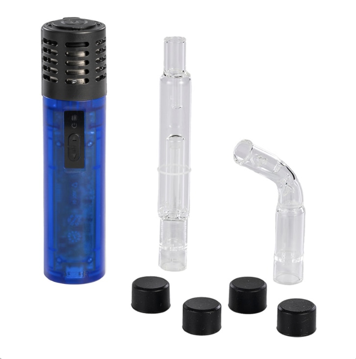 Blue handheld torch-style lighter with a vented top, shown with clear glass dab rig adapters and four black caps.