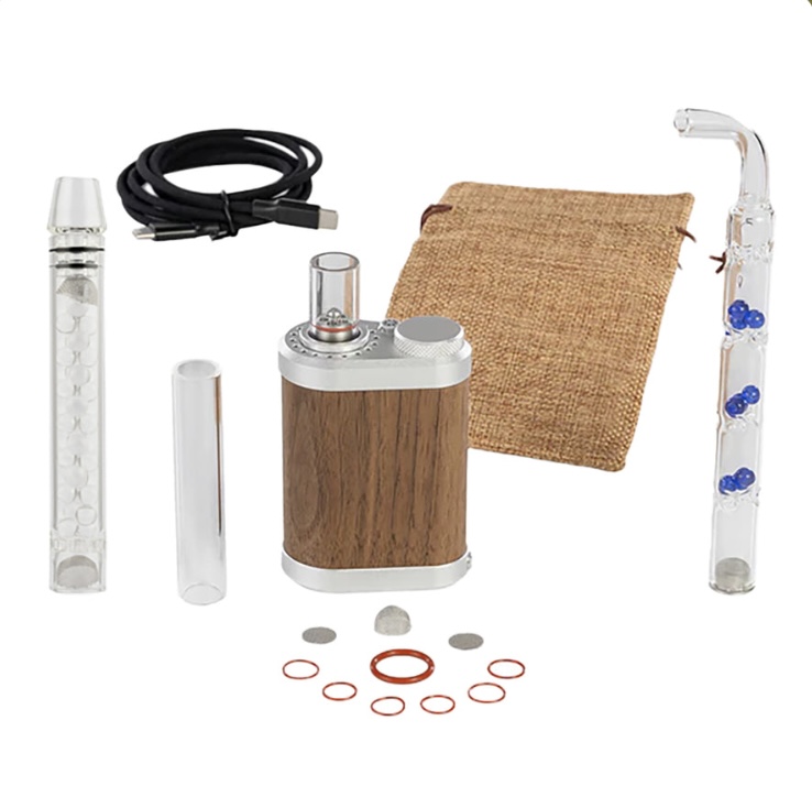 Portable Vaporizer Kit with Wooden-bodied Unit Two Glass Mouthpieces Usb-c Cable Burlap Carry Pouch and Assorted Red O-rings and Seals - Australia E-cigarette Store