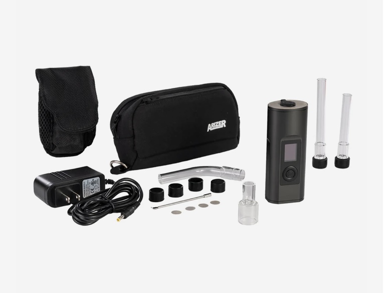 Arizer Portable Vaporizer with Glass Stems and Accessories Arranged Next to a Black Carry Bag and Charger - Australia E-cigarette Store