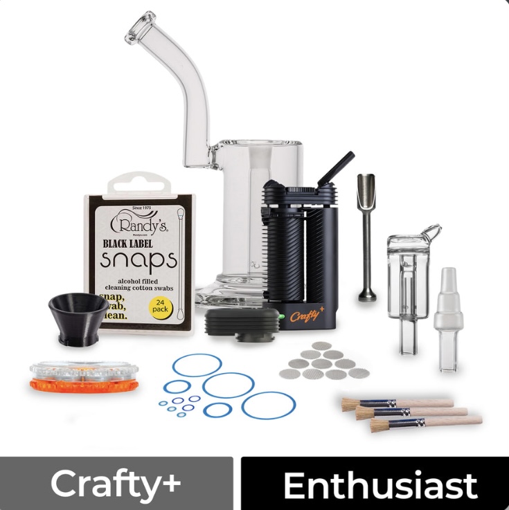 Complete At-home Smoking Accessory Kit Including a Glass Water Pipe Grinder Carb Cap Screens O-rings Cleaning Tools and Brushes Labeled Crafty+ and Enthusiast - Australia E-cigarette Store