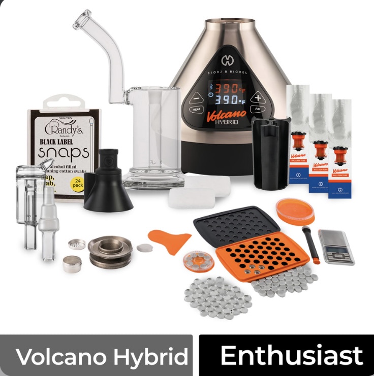 Volcano Hybrid Desktop Vaporizer with Assorted Accessories Including Mouthpieces Bags Screens Grinder and Scale Laid out in Front - Australia E-cigarette Store