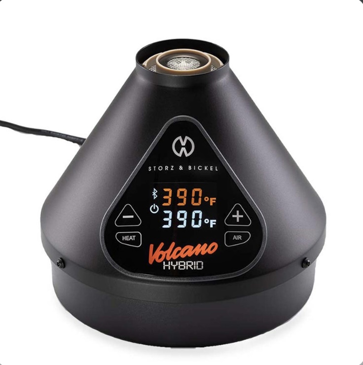 Storz  Bickel Volcano Hybrid Vaporizer with a Triangular Digital Control Panel Showing 390°f Black Body Plugged In - Australia E-cigarette Store