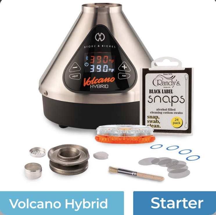 Volcano Hybrid Vaporizers with a Display Panel Plus Assorted Accessories snaps Screens Brushes and a Randalls Black Label Swabs Box Shown Beside It Set Against White Background Labeled volcano Hybrid and starter at the Bottom - Australia E-cigarette Store