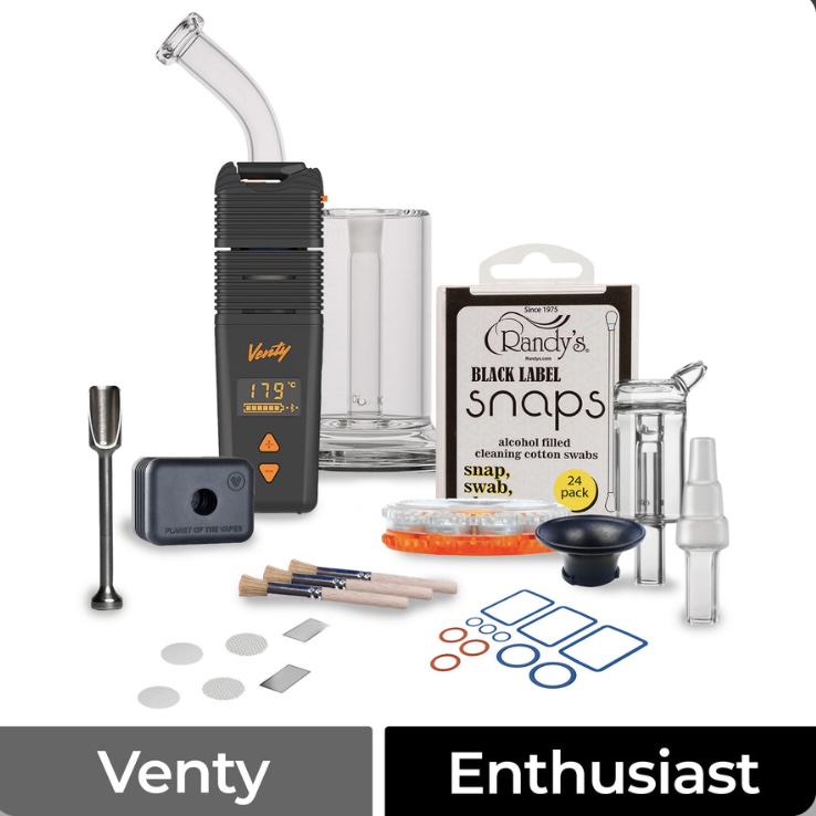 Venty Vaporizer with Glass Wand and a Complete Cleaning Kit Including Swabs Screens and Replacement Parts Laid out Together - Australia E-cigarette Store