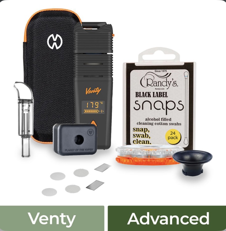 Venty Advanced Vaping Kit a Black Handheld Vaporizer with Orange Accents a Protective Zip Case Cleaning Swabs Discs and a Small Blue Gadget All Laid out Together for Maintenance and Use - Australia E-cigarette Store