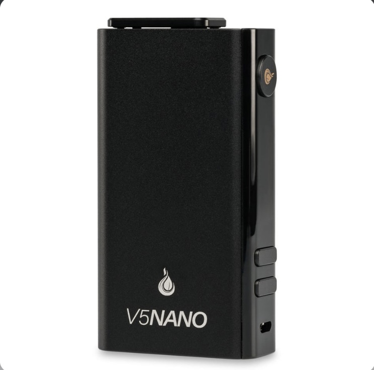 Black V5 Nano Vape Mod Standing Upright with Side Buttons Visible and Logo Near the Bottom - Australia E-cigarette Store
