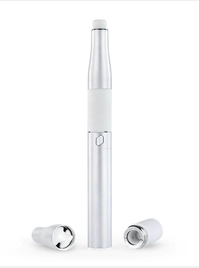 Slim Silver Vape Pen Standing Upright with a Textured White Grip and Removable Caps Beside It on a White Background - Australia E-cigarette Store