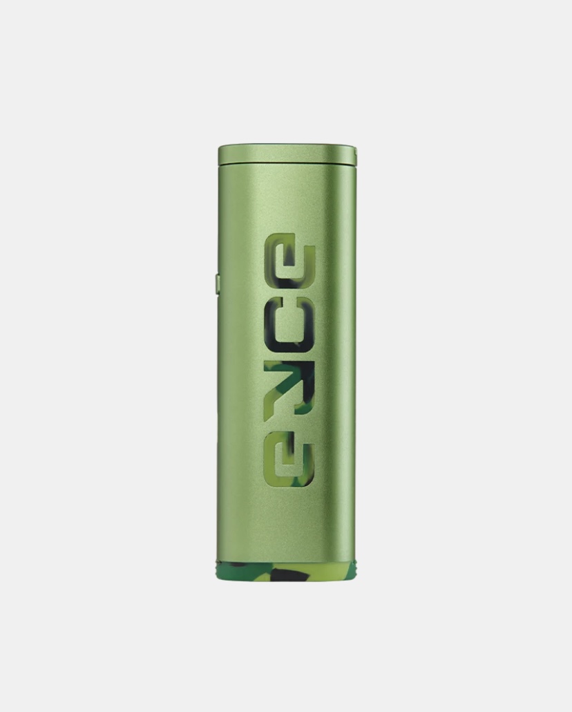 Green metal cylindrical bottle or container standing upright with bold vertical lettering and a camo-patterned base.