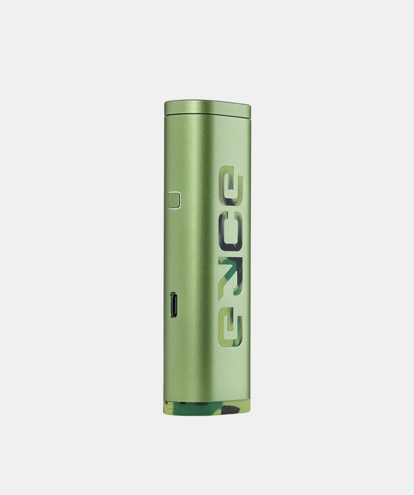 Green cylindrical electronic device with a USB-C port and a small side button, shown in profile from the side.