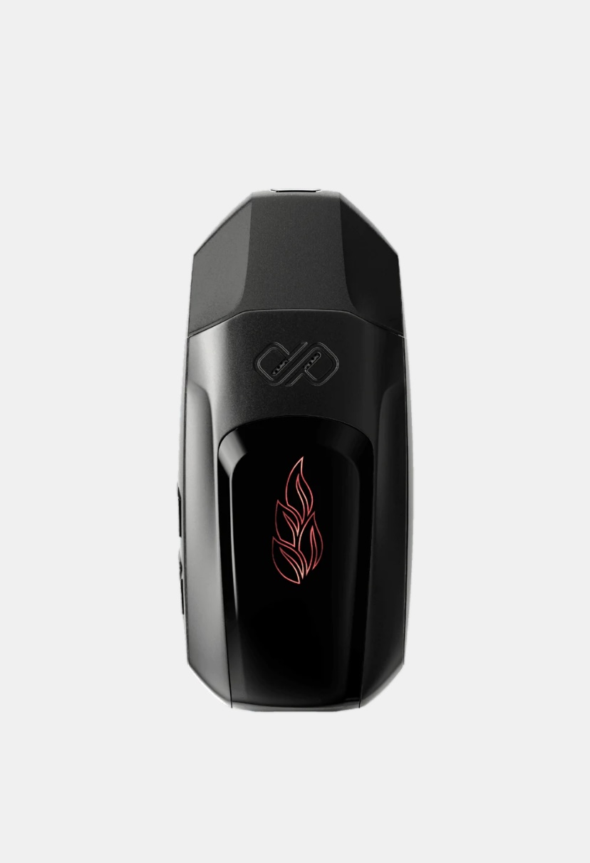 Black Vape Pod Mod with a Red Flame Logo Shown Upright Against a Light Background - Australia E-cigarette Store