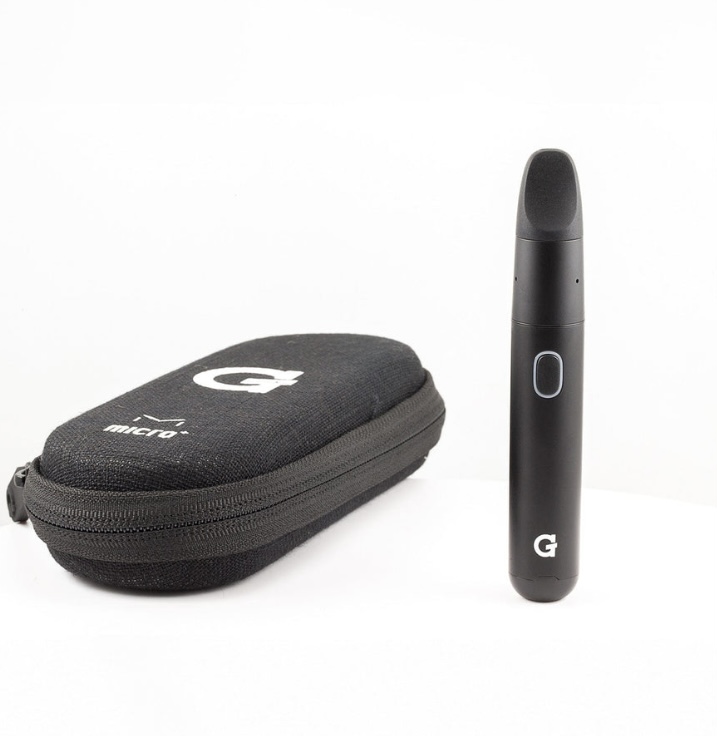 Black vape pen standing upright beside a small black zippered carrying case with a white G logo on a white background.
