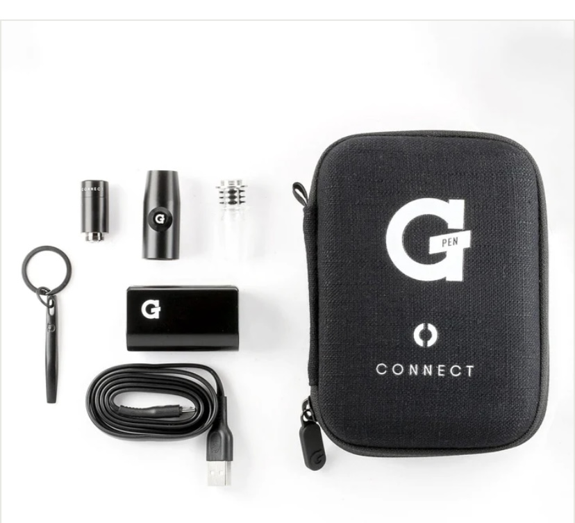 G Pen Connect vaping kit laid out with a black carrying case, USB cable, mouthpiece, adapters, and storage box on a white background