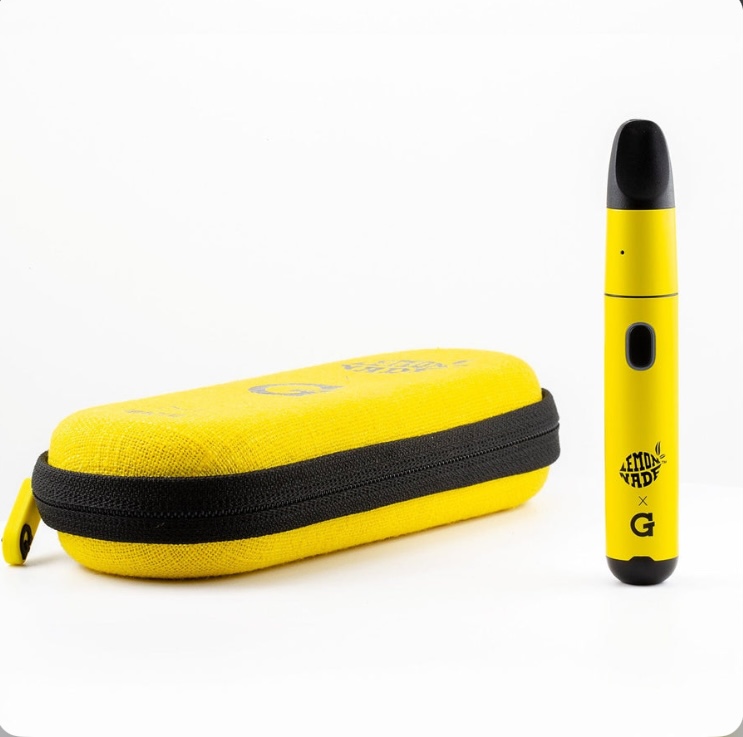 Yellow vape pen with black mouthpiece standing upright beside a yellow zipped case on a white background, lemon-themed design visible on the device and case.