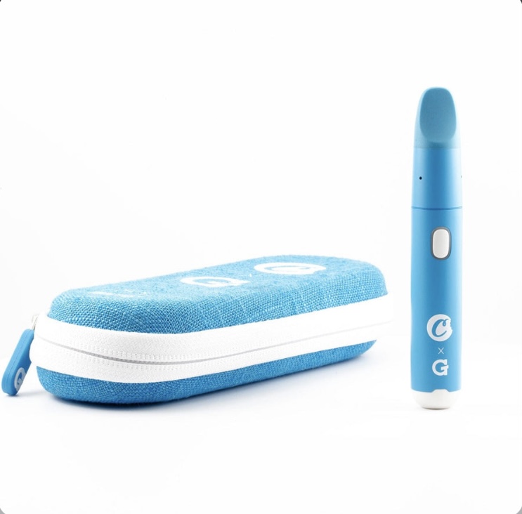 Blue vape pen standing beside a matching blue zipper case on a white background.