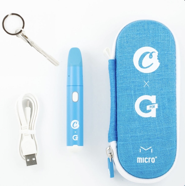 Blue vape pen kit with a white USB charging cable and a matching blue fabric case labeled 'G pen micro' on a white background.