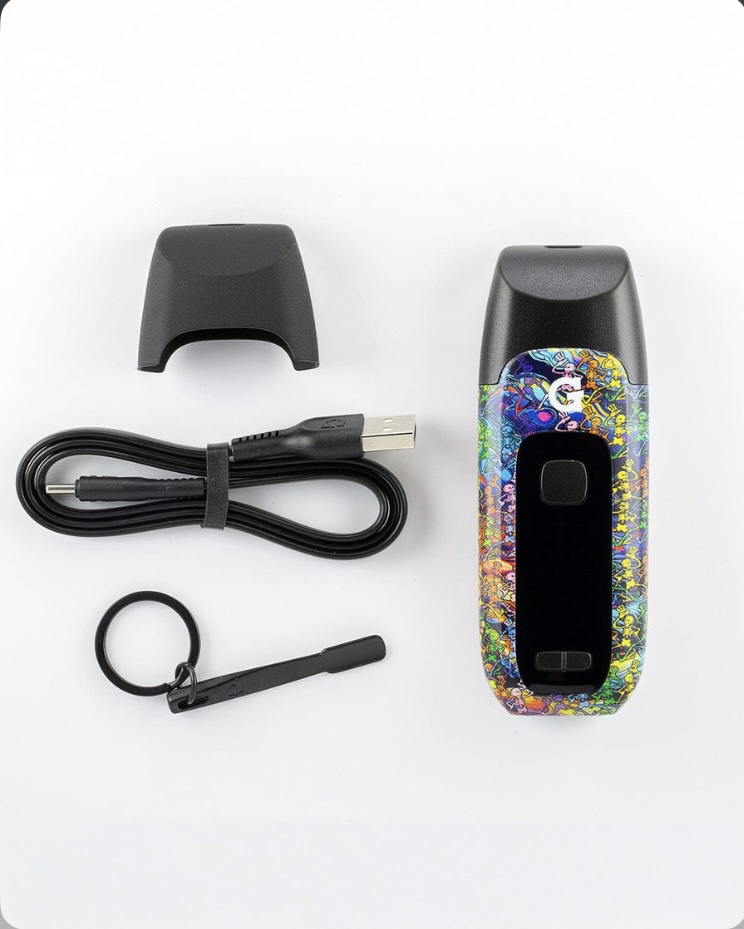 Colorful Vape Mod with a Black Panel Plus Usb Charging Cable Protective Cap and Keychain Tool Laid out on a White Surface - Australia E-cigarette Store