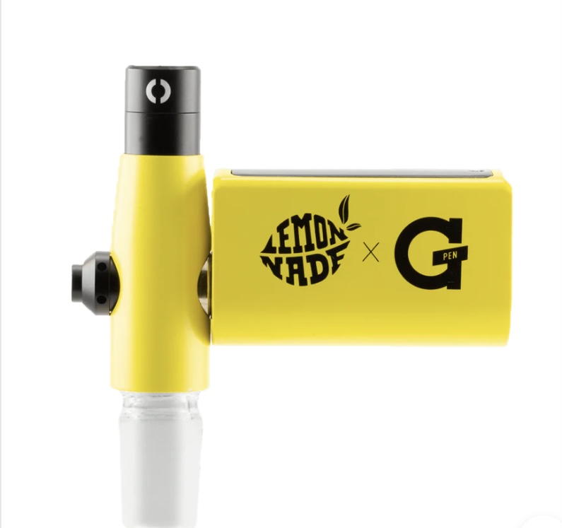 Side view of a yellow G Pen vape with a detachable cartridge and black mouthpiece, labeled Lemon Vape x G Pen on the body.