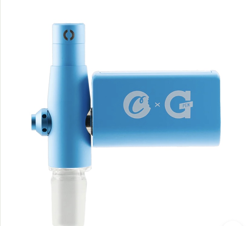 Blue modular device with a vertical cylindrical section connected to a rectangular blue block marked 'C × G'.