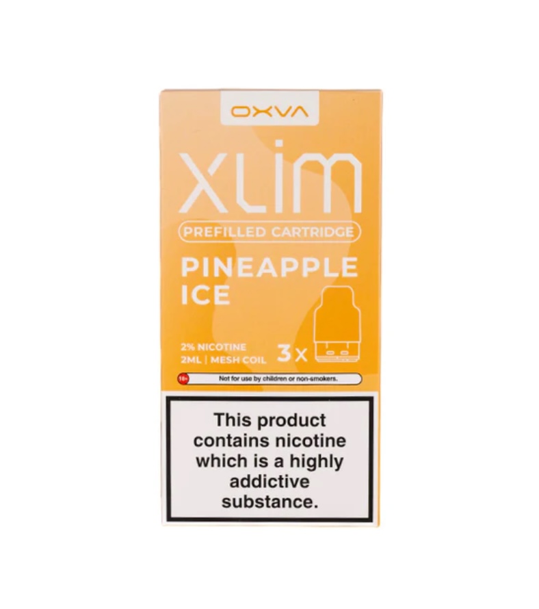 Orange Xlim pref-filled cartridge packaging for Pineapple Ice, nicotine product with warning label on bottom.