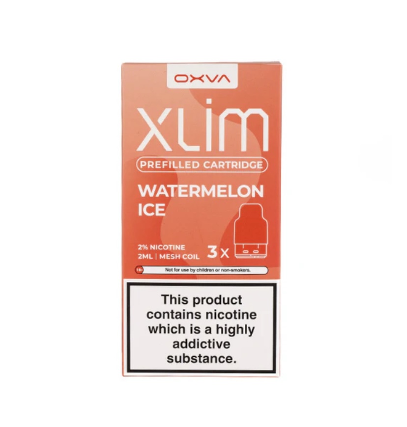 Orange Oxva Xlim watermelon ice prefilled cartridge box showing 2% nicotine and 2 ml capacity with a bold nicotine warning label at the bottom