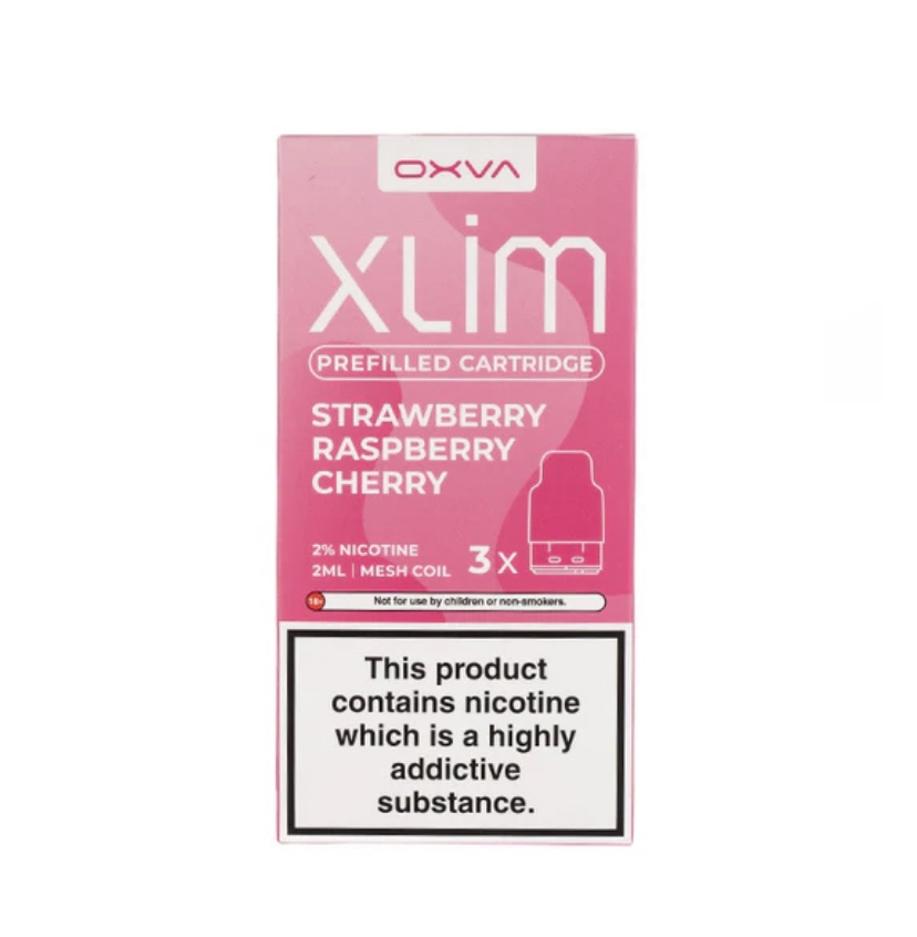 Pink OXVA XLIM prefilled cartridge box, flavor Strawberry Raspberry Cherry, 2% nicotine, 2mL mesh coil.