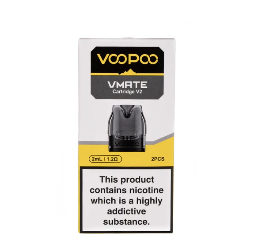 Boxed Vmate Cartridge V2 Vape Packaging two Pieces with Nicotine Warning on a White and Yellow Design - Australia E-cigarette Store