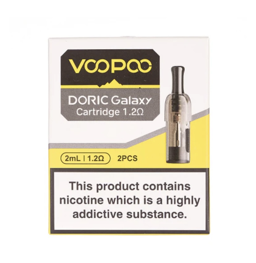 Voo Coo Doric Galaxy Cartridge Box with Yellow Accent and a Vaping Device Image 2 Pcs 12Ω 2 Ml Each Nicotine Warning on Front - Australia E-cigarette Store