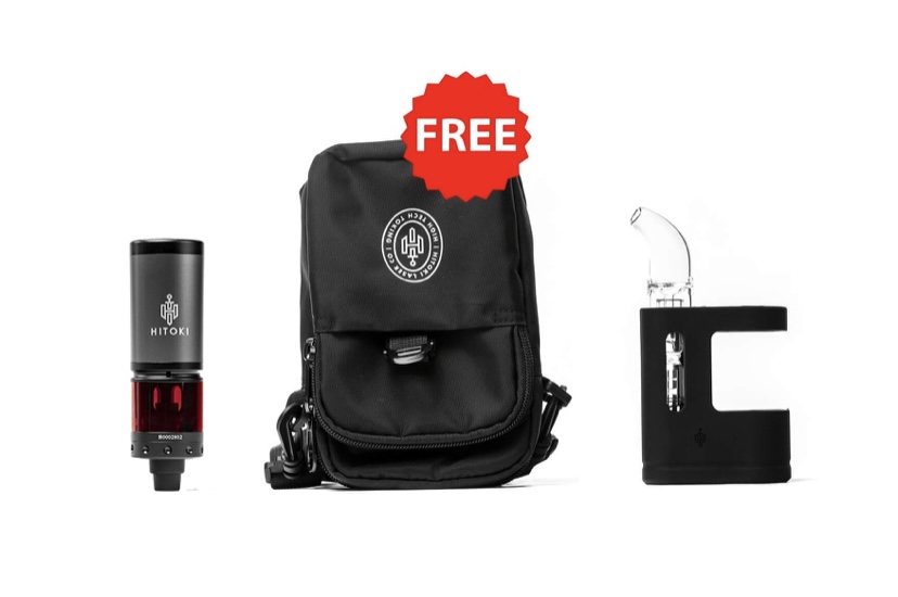 Promo Image Showing a Free Gift Set a Compact Black Cylindrical Device Left a Black Backpack Center with a Circular Logo and a Glass Accessory on a Black Stand Right Red Free Badge Above - Australia E-cigarette Store