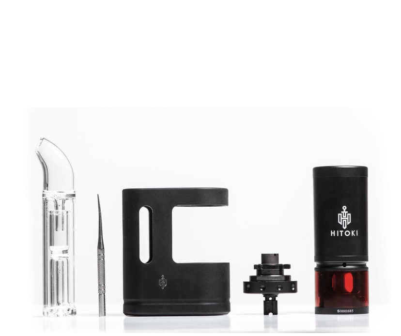 Disassembled Hitoki Device with Glass Chamber Precision Tool Black Body Frame Coil Adapter and Blackred Cartridge on a White Surface - Australia E-cigarette Store