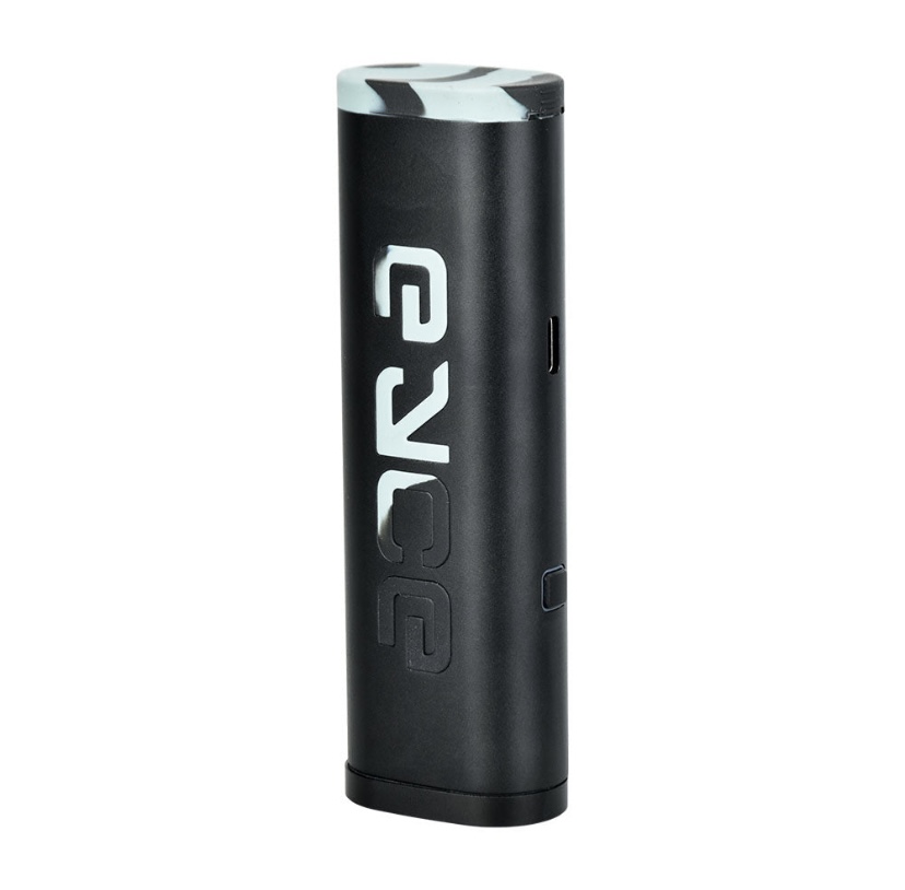 Black Cylindrical Vapemod Device Standing Upright with a Cut-out Usb-c Port on the Side and a Silver Lid on Top Brand Text Running Vertically Along Its Body - Australia E-cigarette Store