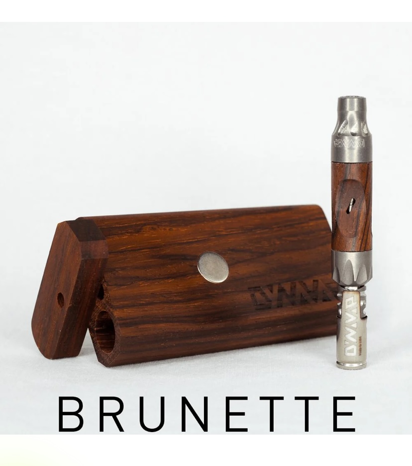 Wooden-finish Vape Device Beside a Matching Wooden Case Brunette Branding Visible Below - Australia E-cigarette Store