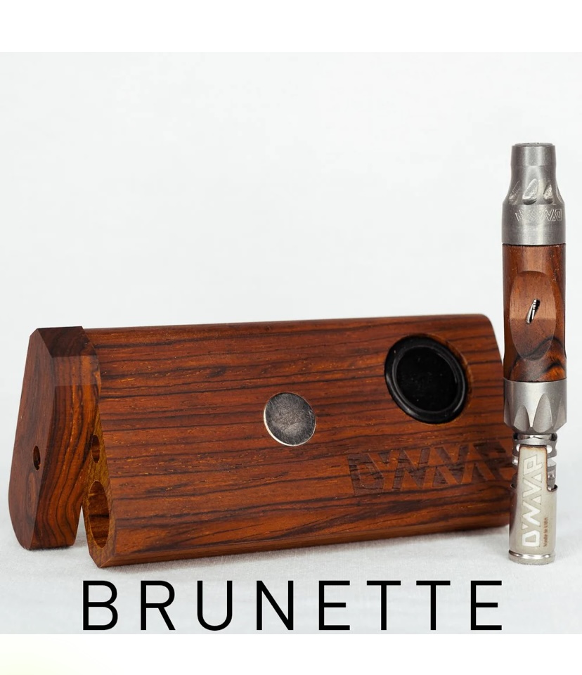 Brunette Wooden Vape Device with a Matching Wooden Case and Metal Mouthpiece Standing Upright Beside the Case - Australia E-cigarette Store
