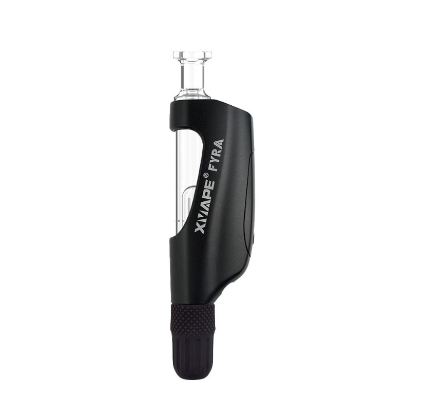 Black handheld vape device with a glass tank and mouthpiece, brand label visible on the side