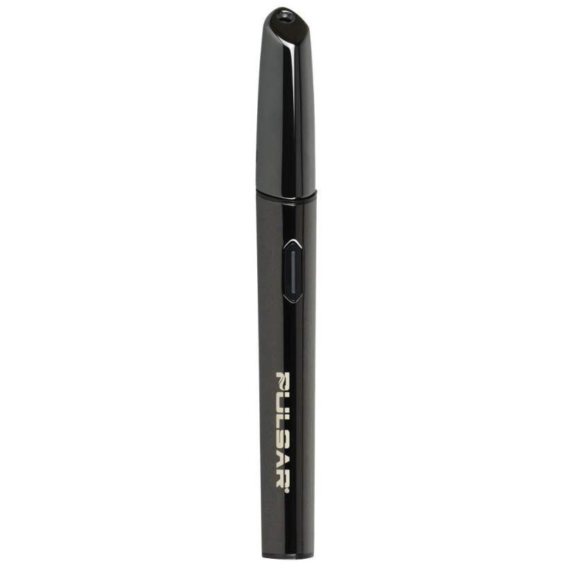 Black Glossy Vape Pen Standing Upright with a Single Oval Button on Its Body and Branding Along the Side - Australia E-cigarette Store