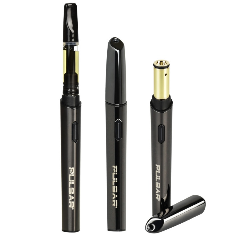 Three Black Vape Pens with Removable Cartridges One with a Visible Clear Cartridge and Gold Color Another Closed and a Third with a Gold Mouthpiece Cap Removed Cap Lying Beside - Australia E-cigarette Store