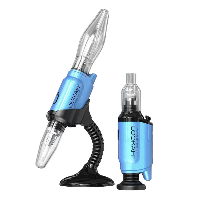 Blue Lookah concentrate rig with glass mouthpieces on a black stand, shown in two pieces on a white background