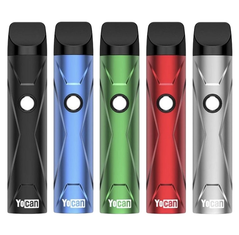 Five YoCan vape pens in black, blue, green, red, and silver, aligned upright side by side with circular power button visible on each.