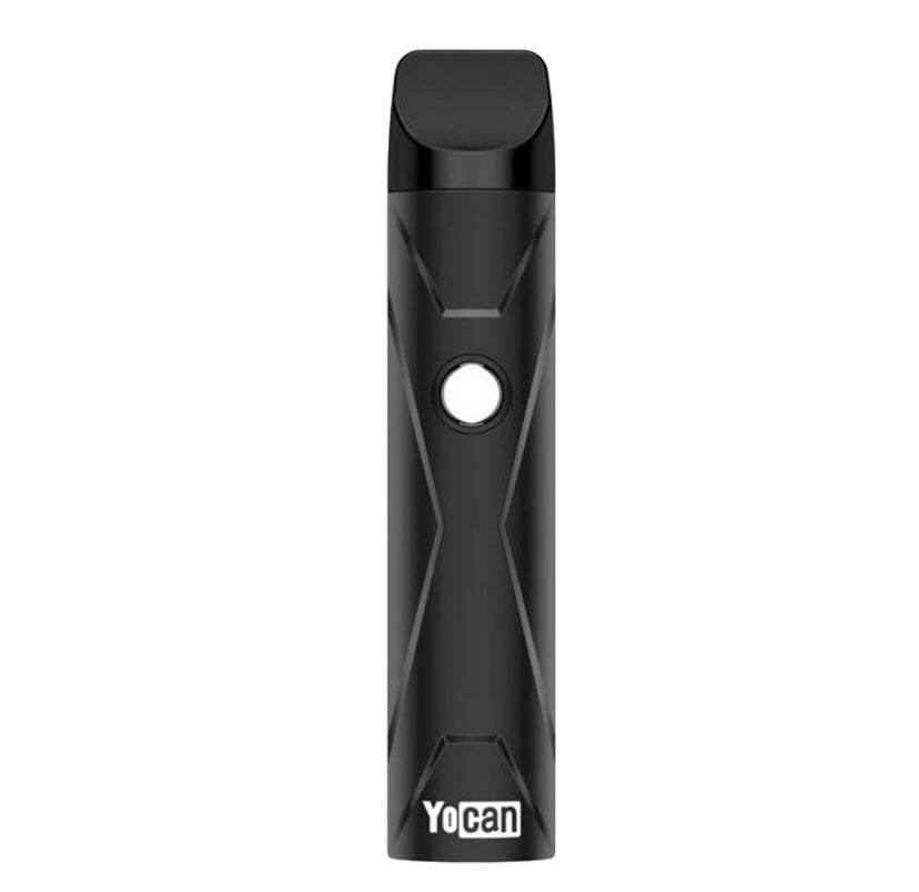 Black Yocan vape pen with a cylindrical, slim design and a circular button in the center.