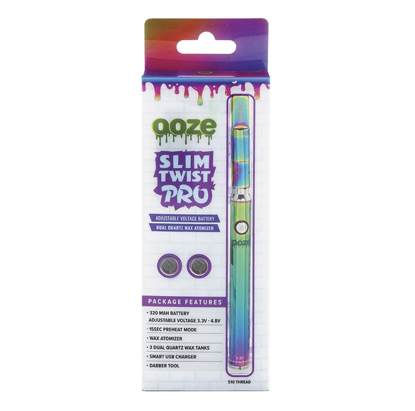 Colorful Slim Twist Pro vape pen in rainbow packaging, shown with two coil accessories and feature list on the box