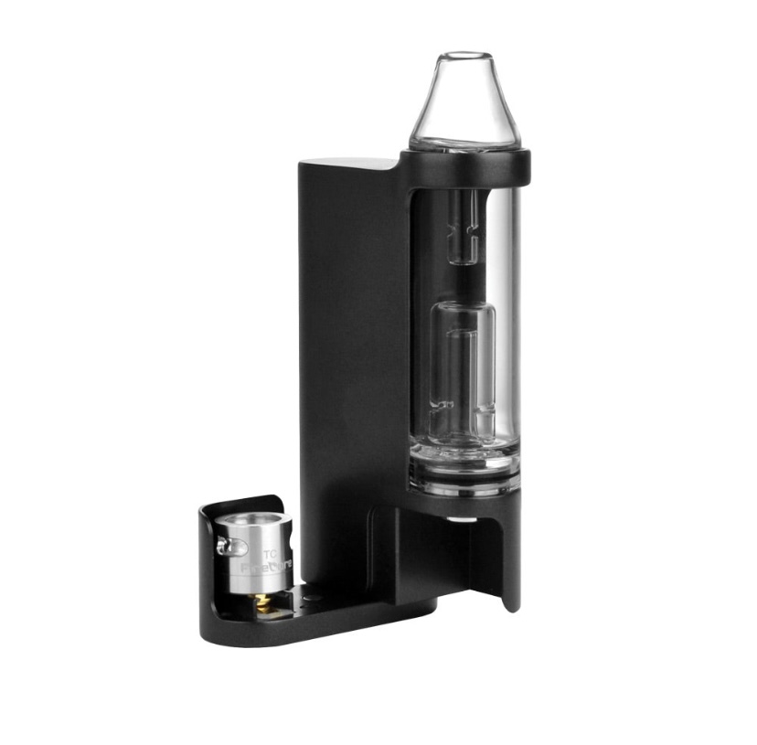 Black Vape Pod with Glass Chamber and Mouthpiece Separate Coil Module Sits Beside It  E-cigarette Component Kit - Australia E-cigarette Store