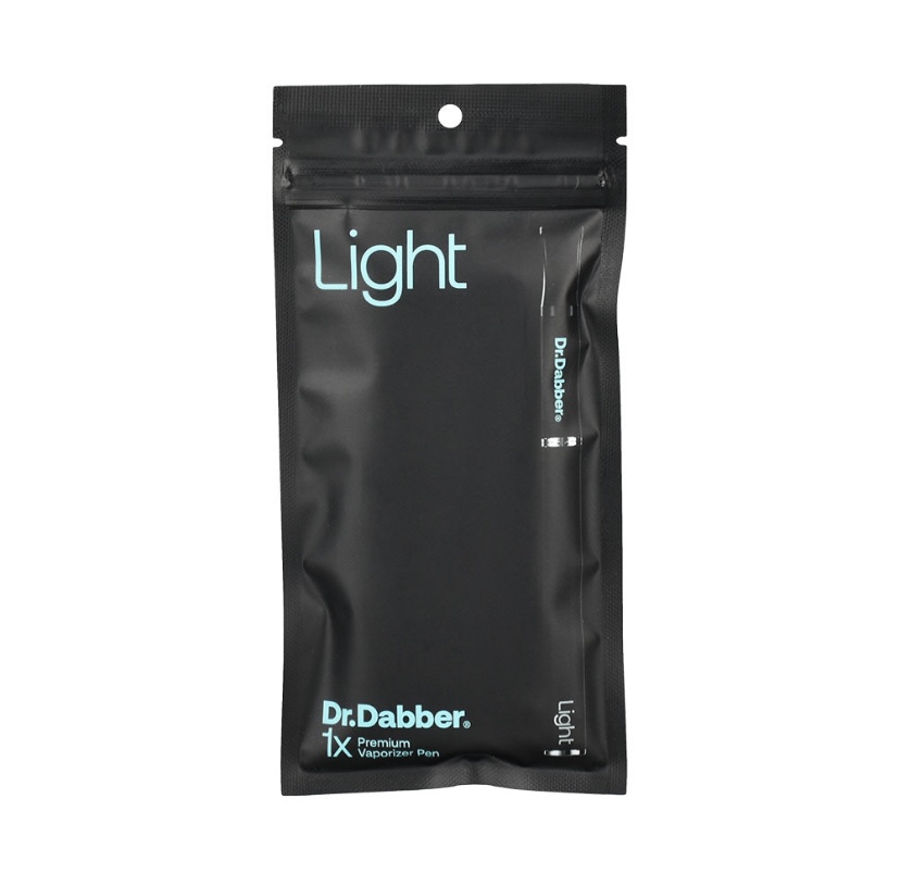 Black Dr. Dabber Light vaporizer pen packaging with blue text and zipper-top seal, labeled 'Light'