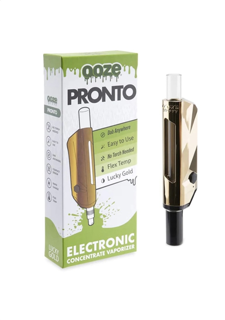 Gold-toned electronic concentrate vaporizer standing next to a green-and-white Pronto box labeled 'Electronic Concentrate Vaporizer'