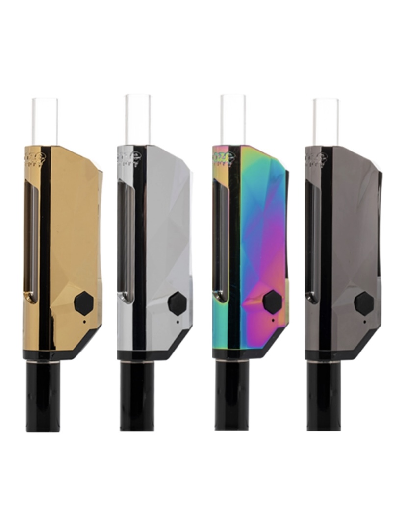 Four vape pod devices lined up in gold, silver, rainbow holographic, and gunmetal finishes.