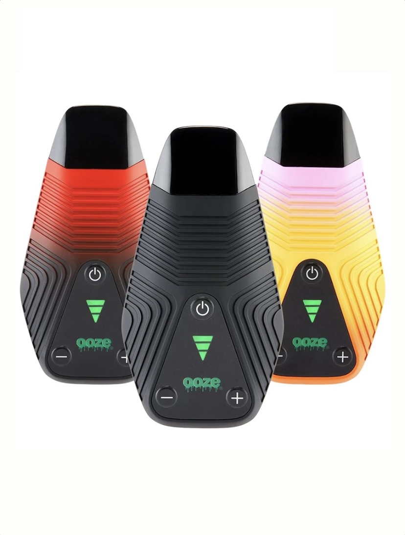 Three Vaping Devices with Ribbed Black Bodies and Gradient Colored Tops red Black and Pink-to-yellow Shown from the Front Each with Power and Adjustment Buttons and a Green Indicator Symbol - Australia E-cigarette Store