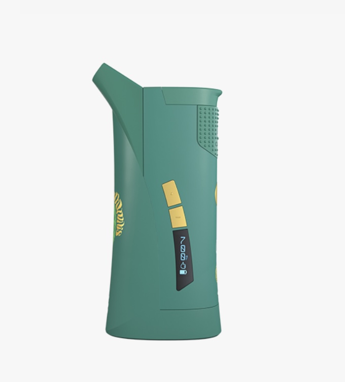 Green Handheld Electric Sprayer-like Device with a Top Spout and Side Panel Featuring Yellow Buttons and a Small Blue Display Viewed in Profile - Australia E-cigarette Store