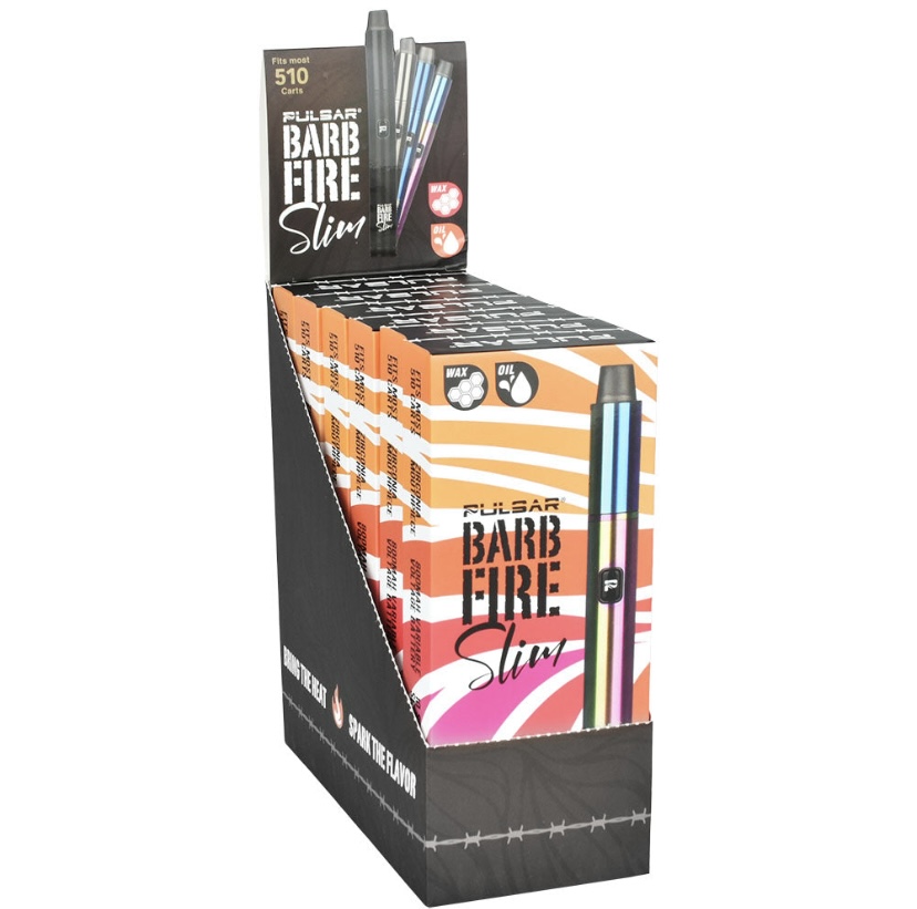 Pulsar Barb Fire Slim Retail Display with Orange Striped Packaging and a Colorful Vape Device on the Front - Australia E-cigarette Store