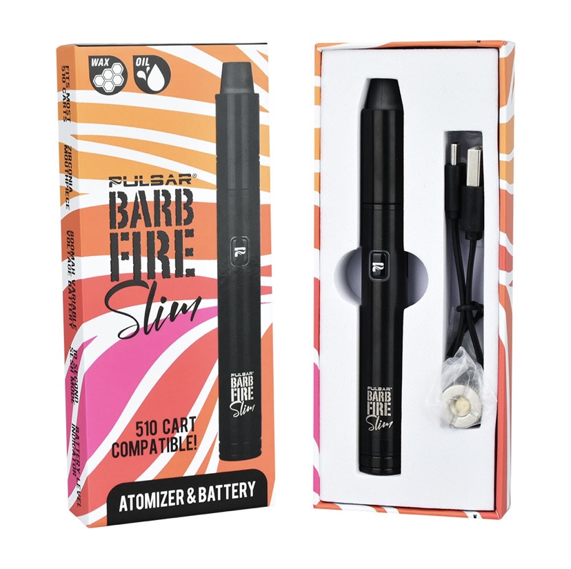 Black Slim Vape Pen with Usb Charger and Accessories in White Foam Insert Inside Orange Striped Packaging Labeled Pulsar Bar Fire Slim Atomizer  Battery - Australia E-cigarette Store