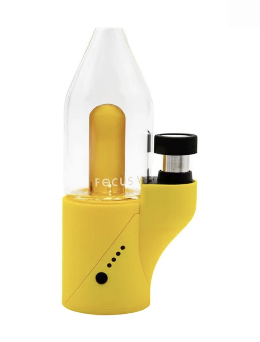 Yellow handheld vaporizer with a glass bubble chamber and black mouthpiece, front view showing its dotted design line.