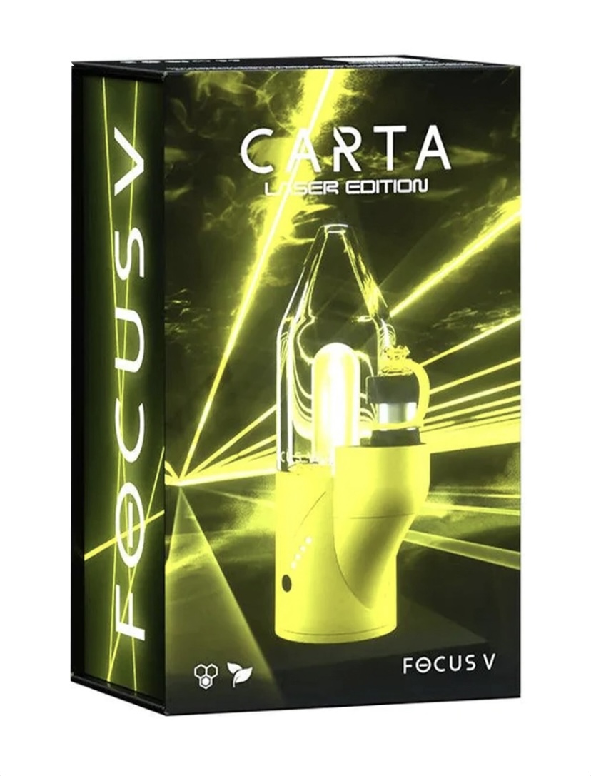 Product box for Focus V Carta Laser Edition vape, featuring a yellow handheld device on the front.