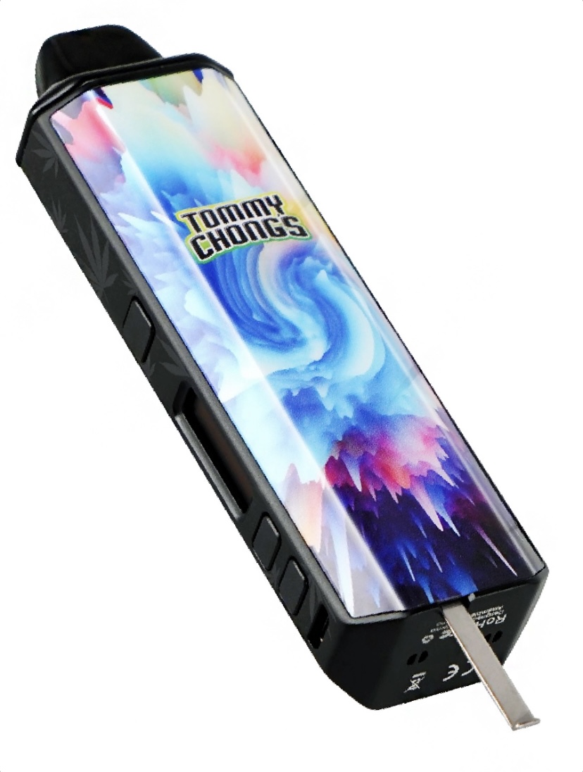 Portable vape mod with a colorful display and Tommy Chong's branding at the center of the screen